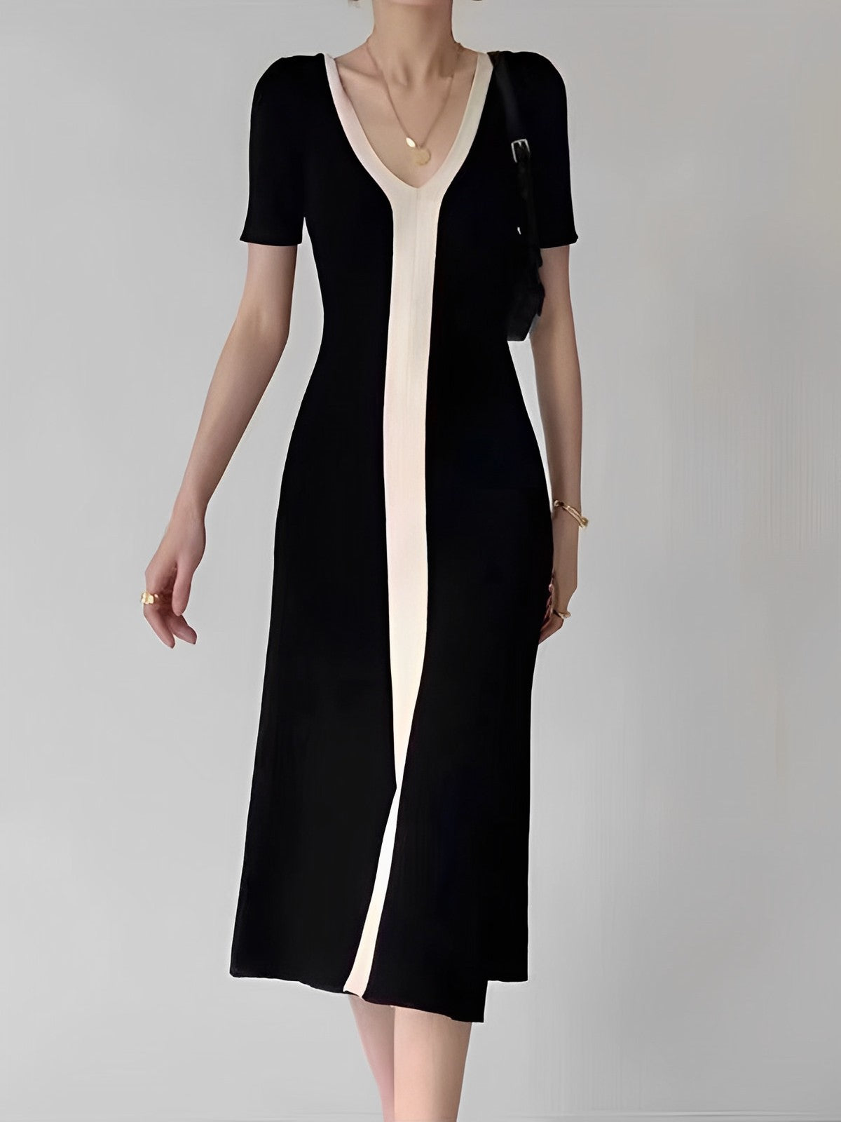 Two Tone V-Neck Knit Slit Midi Dress-Massicos
