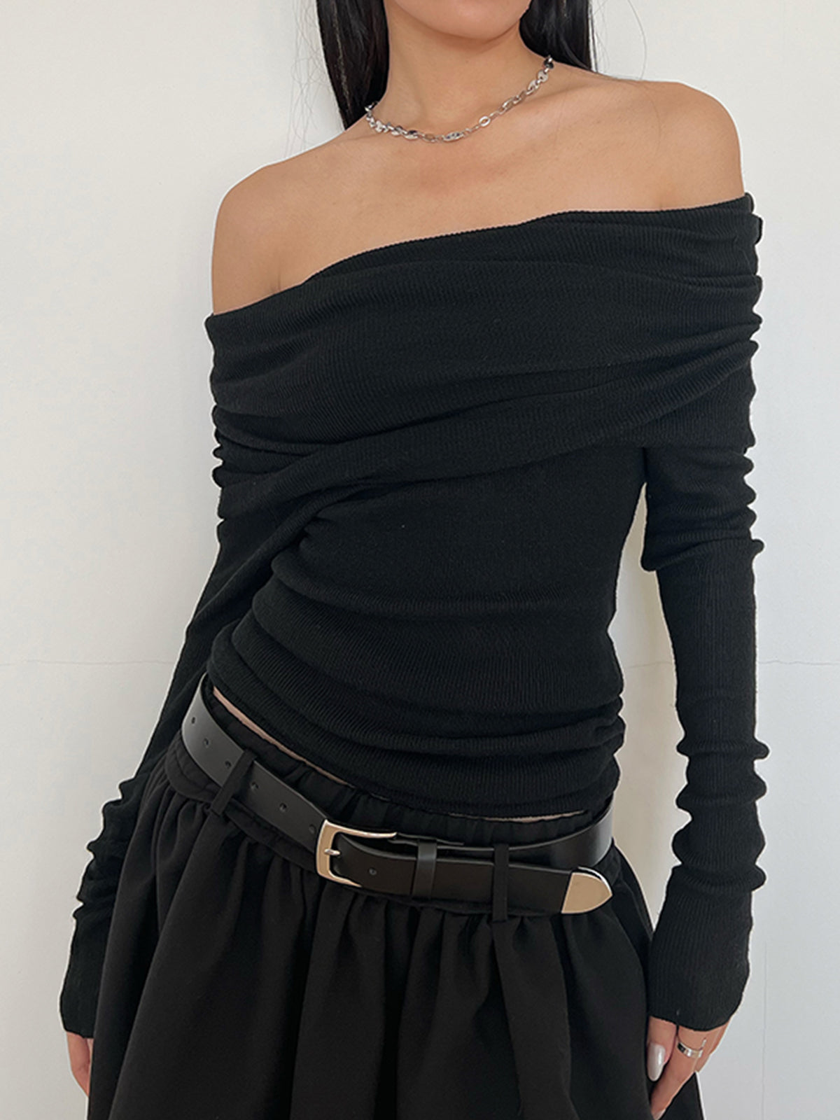 Semi-Sheer Overfold Off-Shoulder Shirt-Massicos