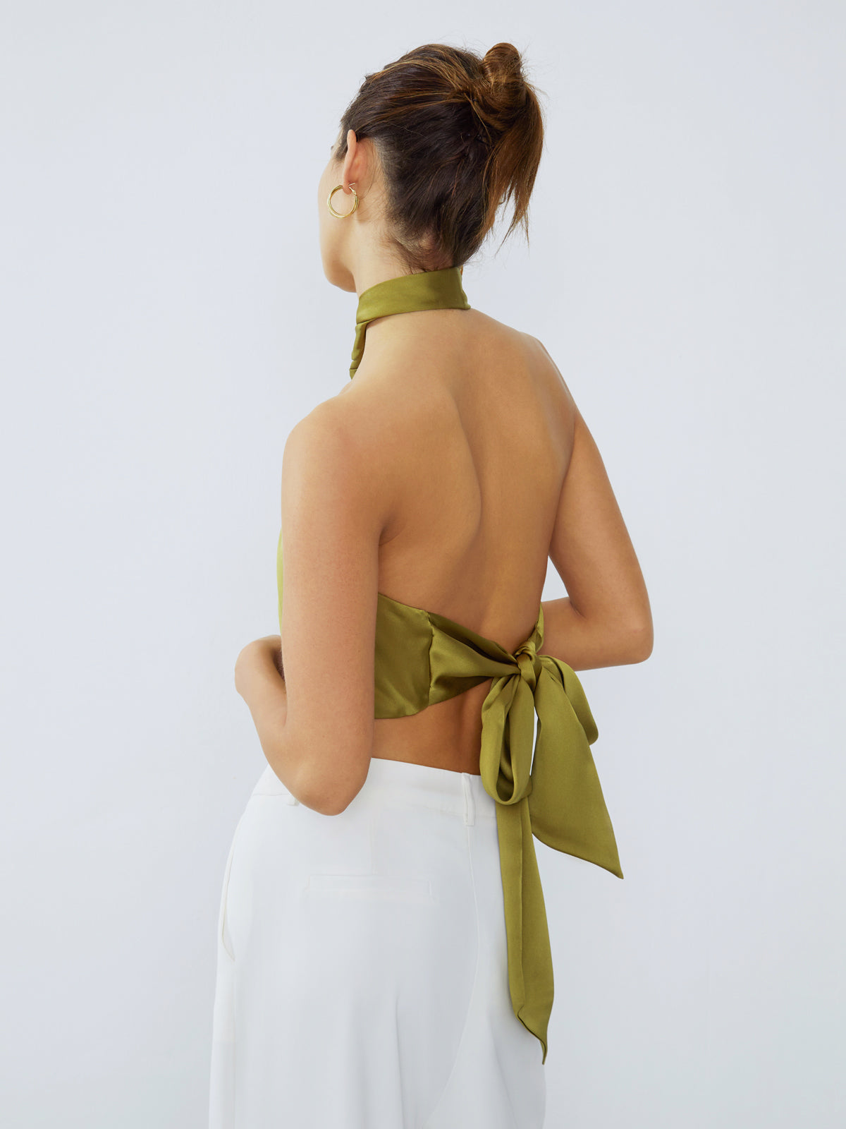 Halter Neck Twist Open Back Satin Crop Top-Massicos