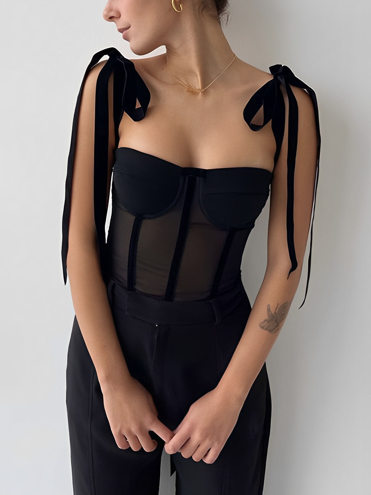 Semi-Sheer Tied Mesh Cami Crop Top-Massicos