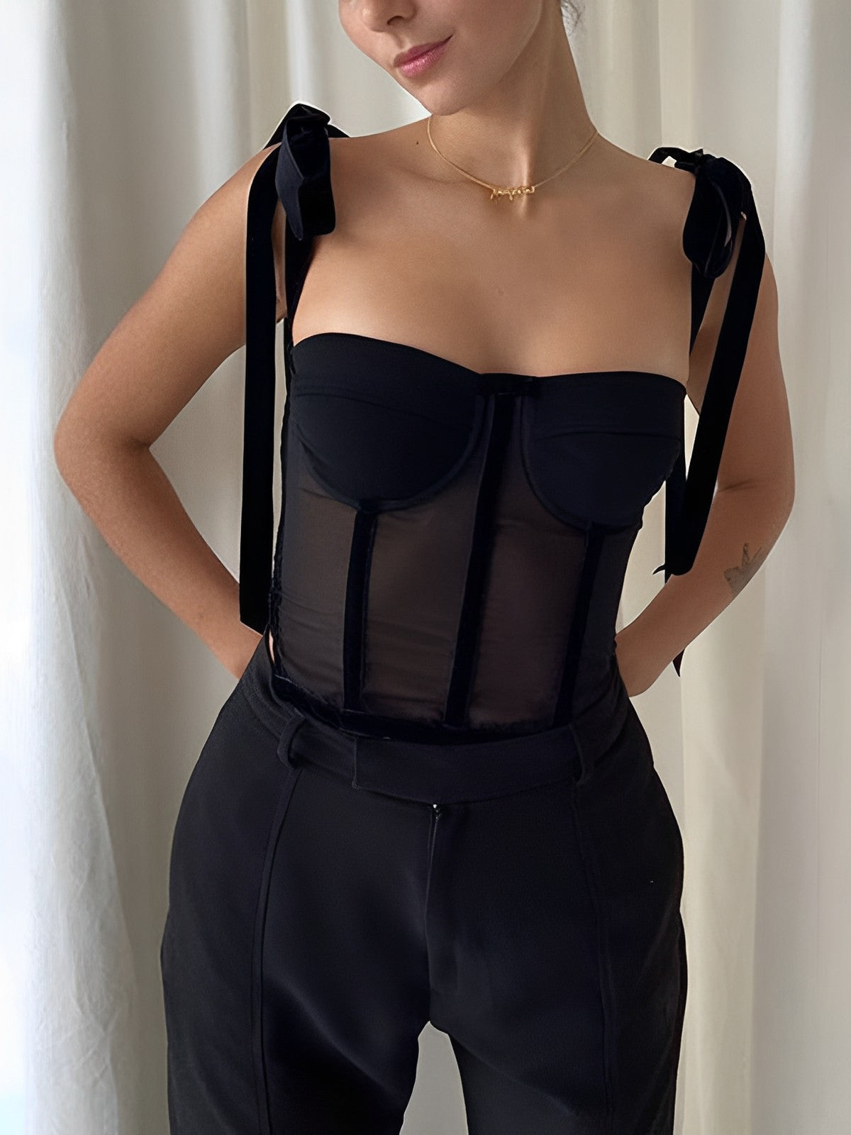 Semi-Sheer Tied Mesh Cami Crop Top-Massicos