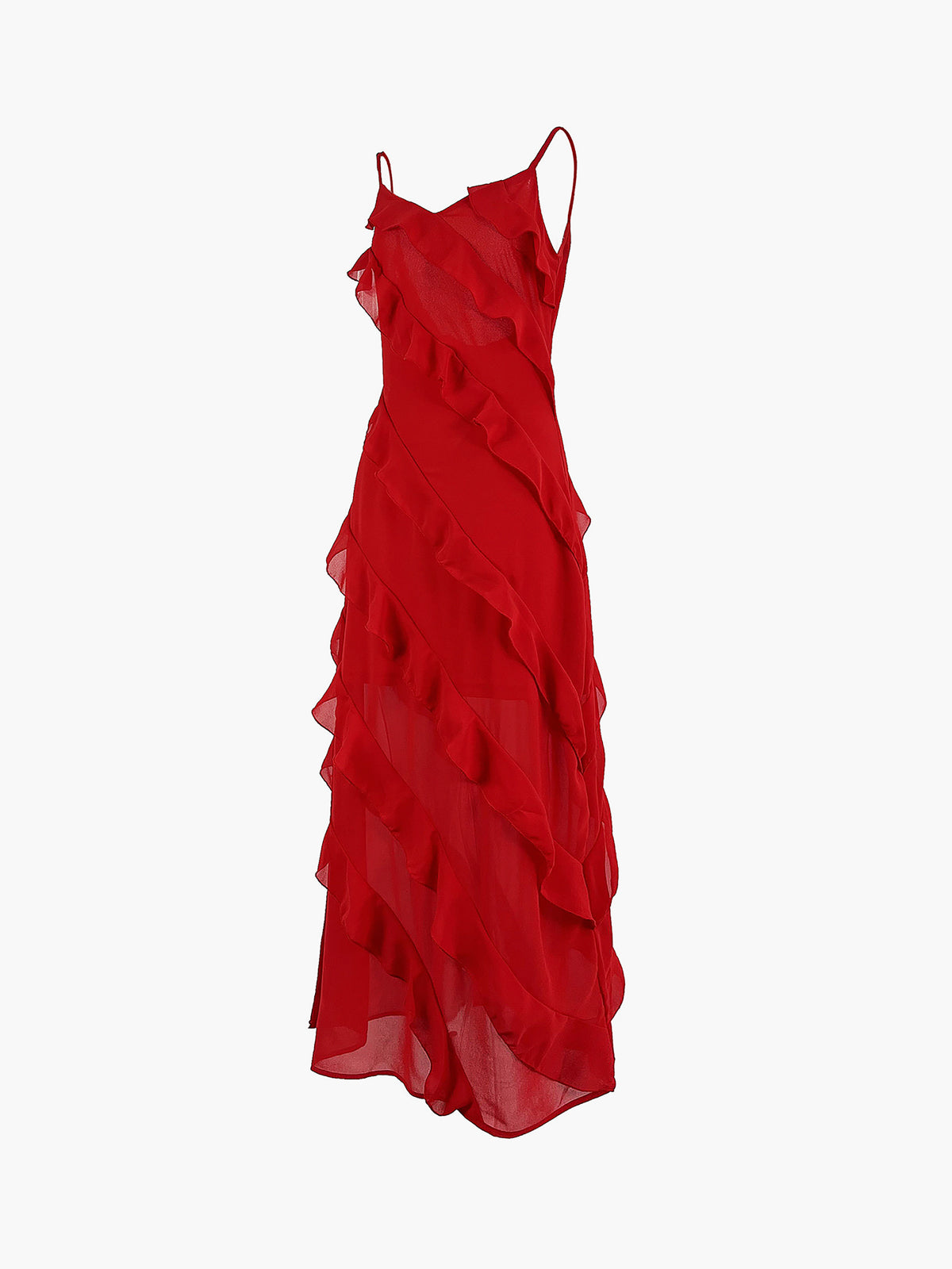 Semi-Sheer Ladder Ruffle Zippered Long Dress-Massicos