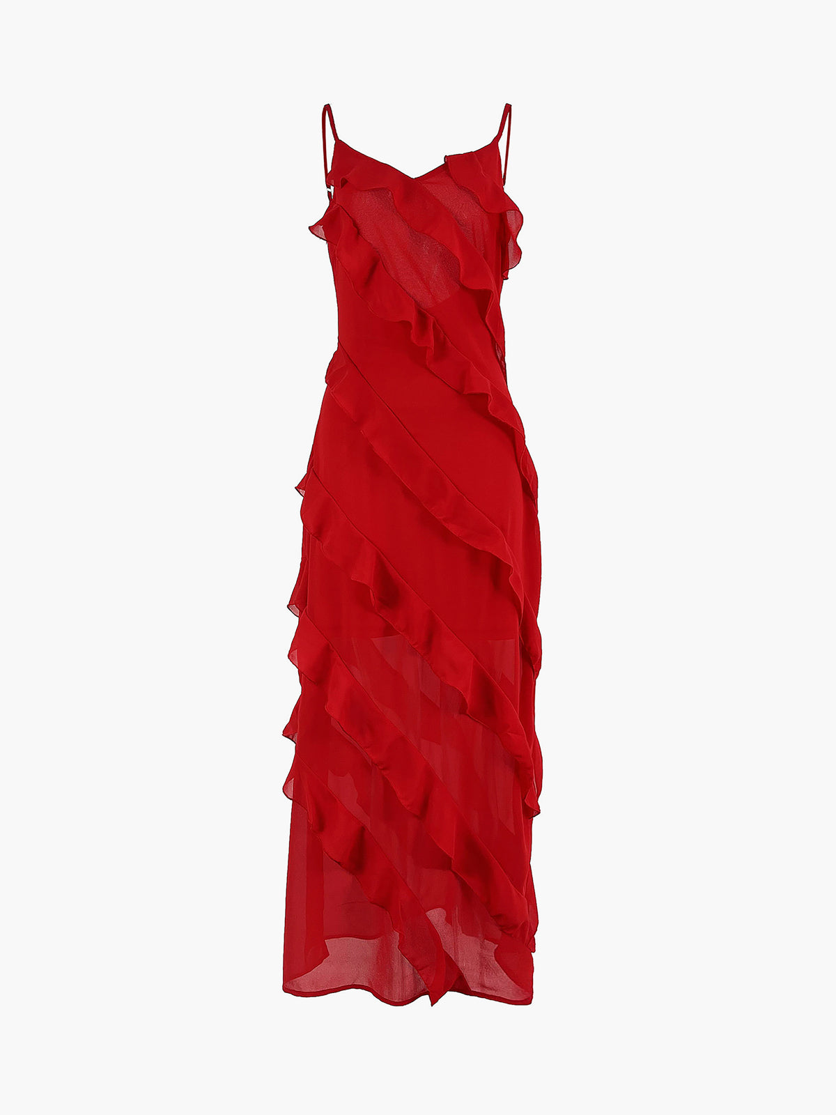 Semi-Sheer Ladder Ruffle Zippered Long Dress-Massicos