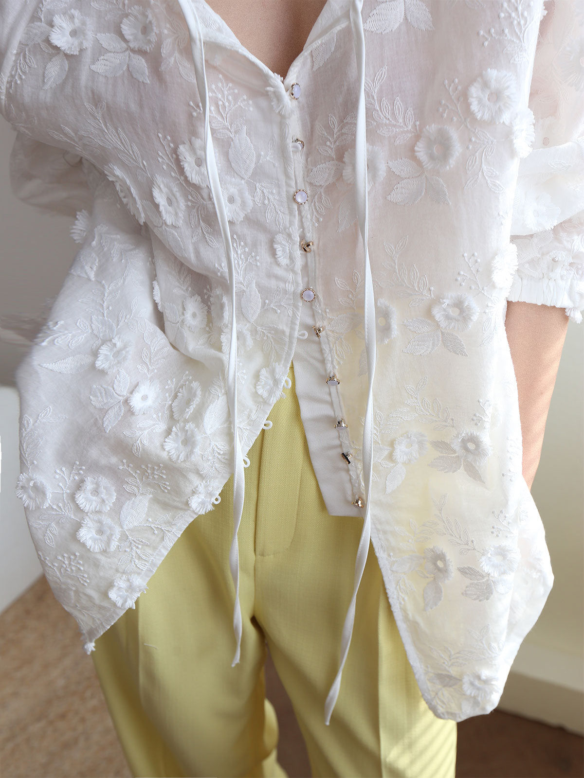 Oversized Semi-Sheer Embroidered Floral Blouse-Massicos