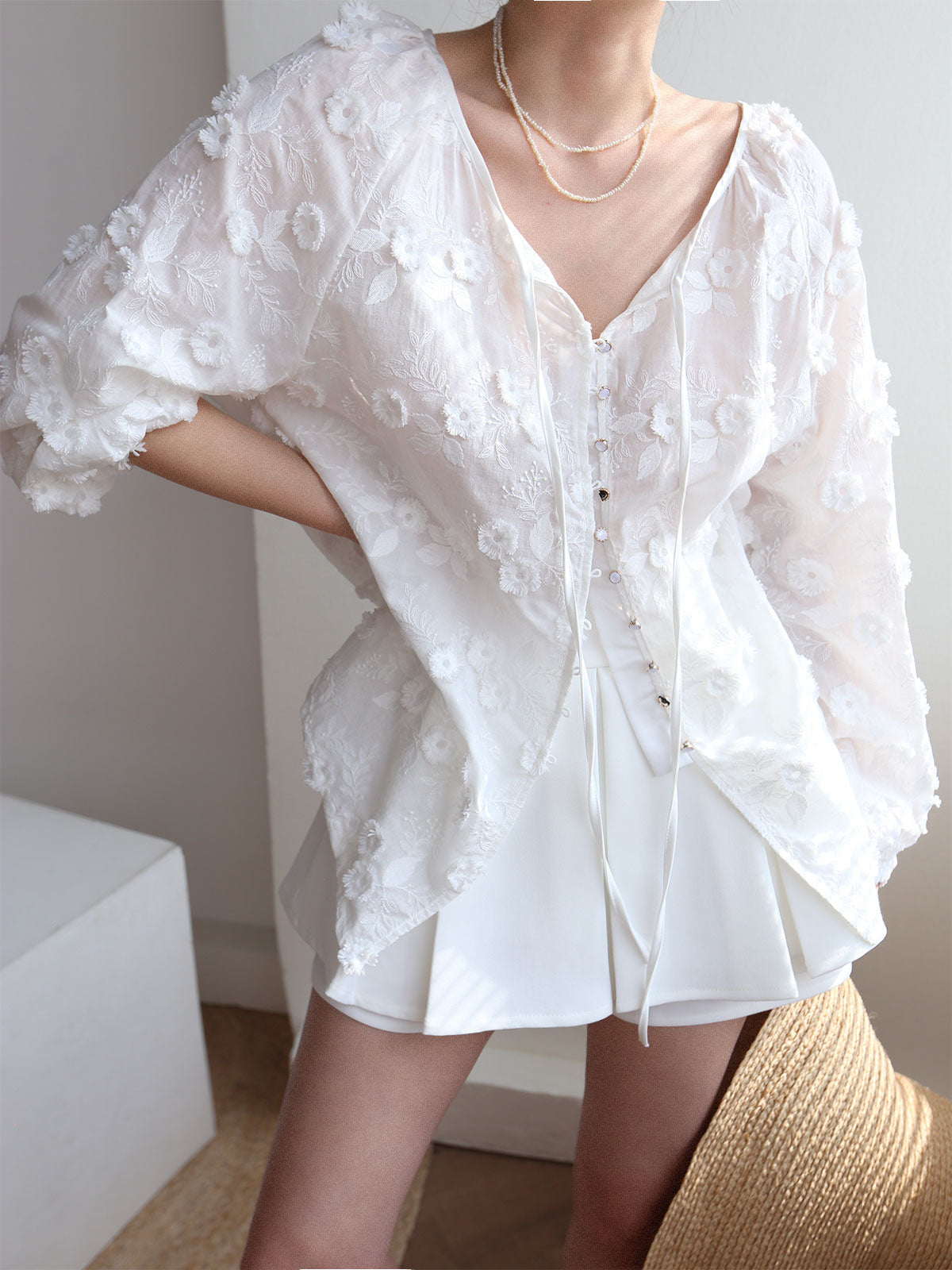 Oversized Semi-Sheer Embroidered Floral Blouse-Massicos