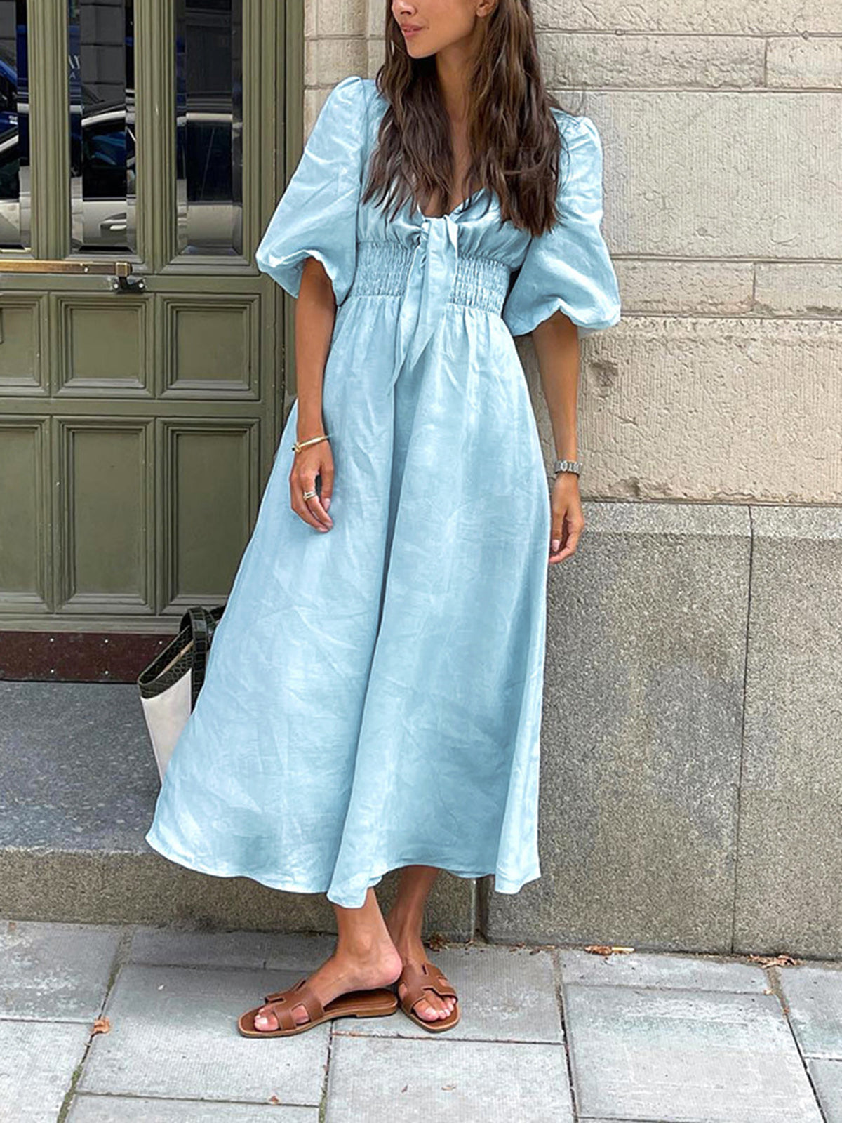 Linen Cotton Front Tie Midi Dress-Massicos