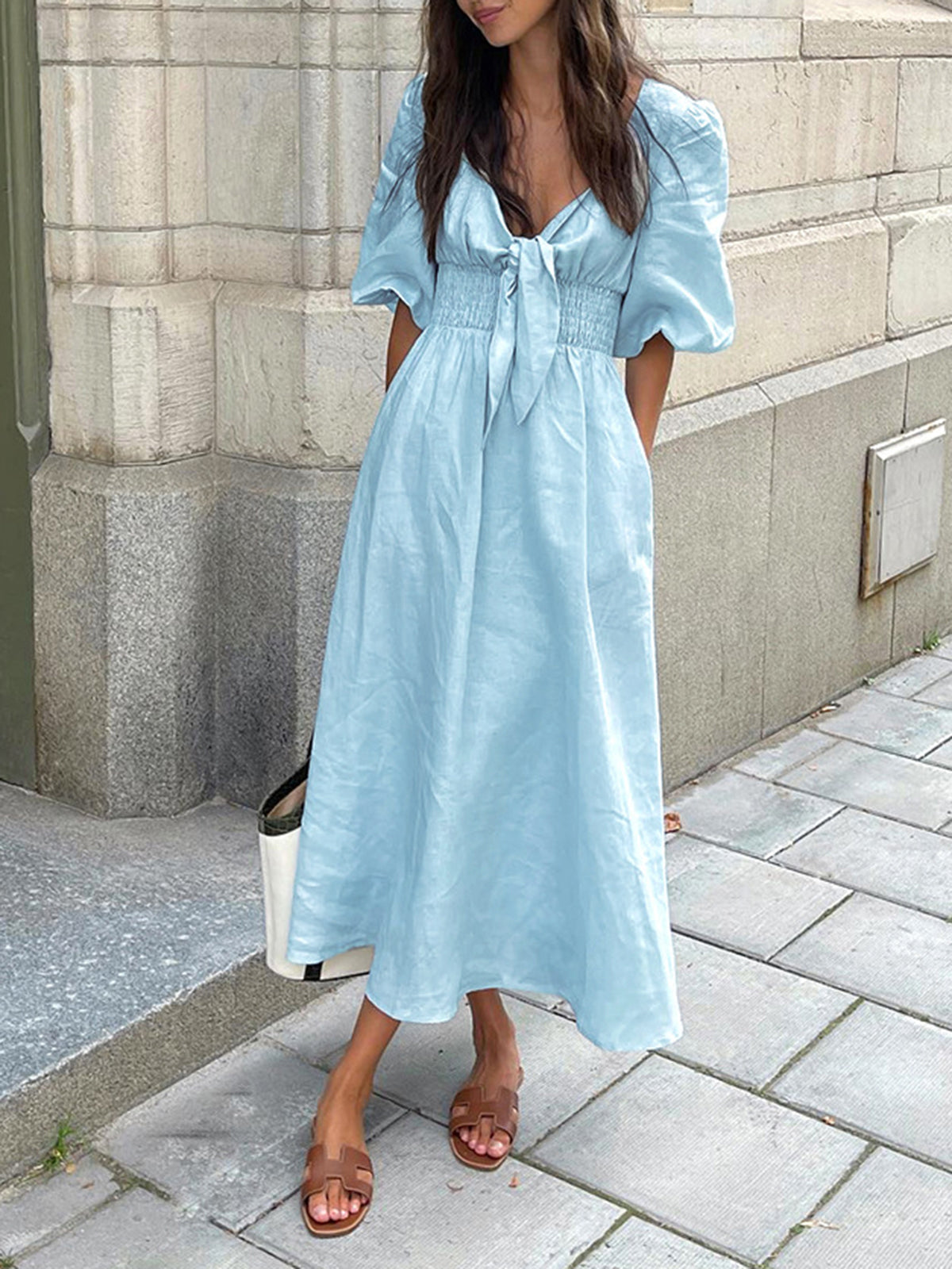 Linen Cotton Front Tie Midi Dress-Massicos