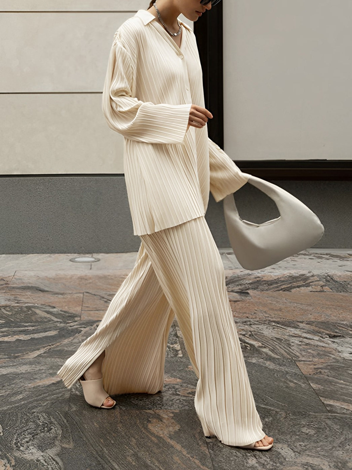 Oversized Leisure Pleat Pockets Two Piece Pants Set-Massicos