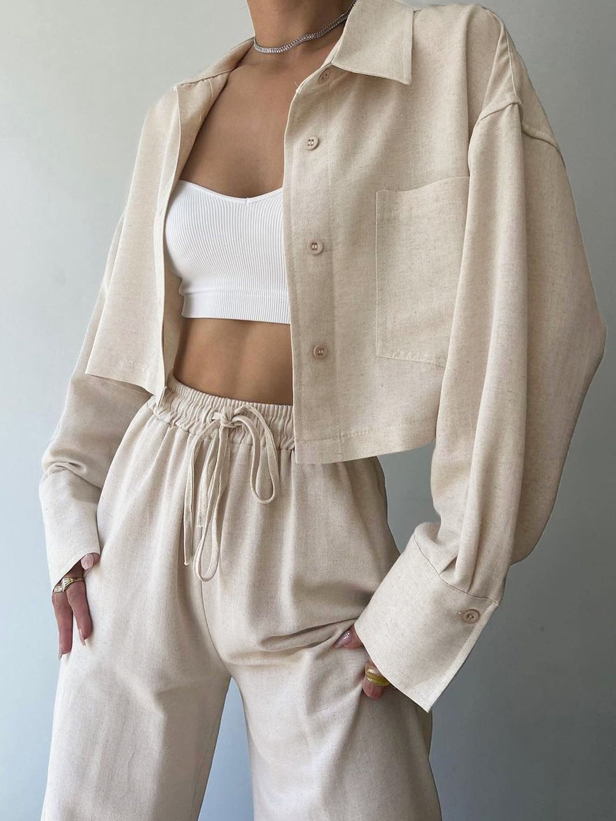 Collared Drawstring Two Piece Pants Set-Massicos
