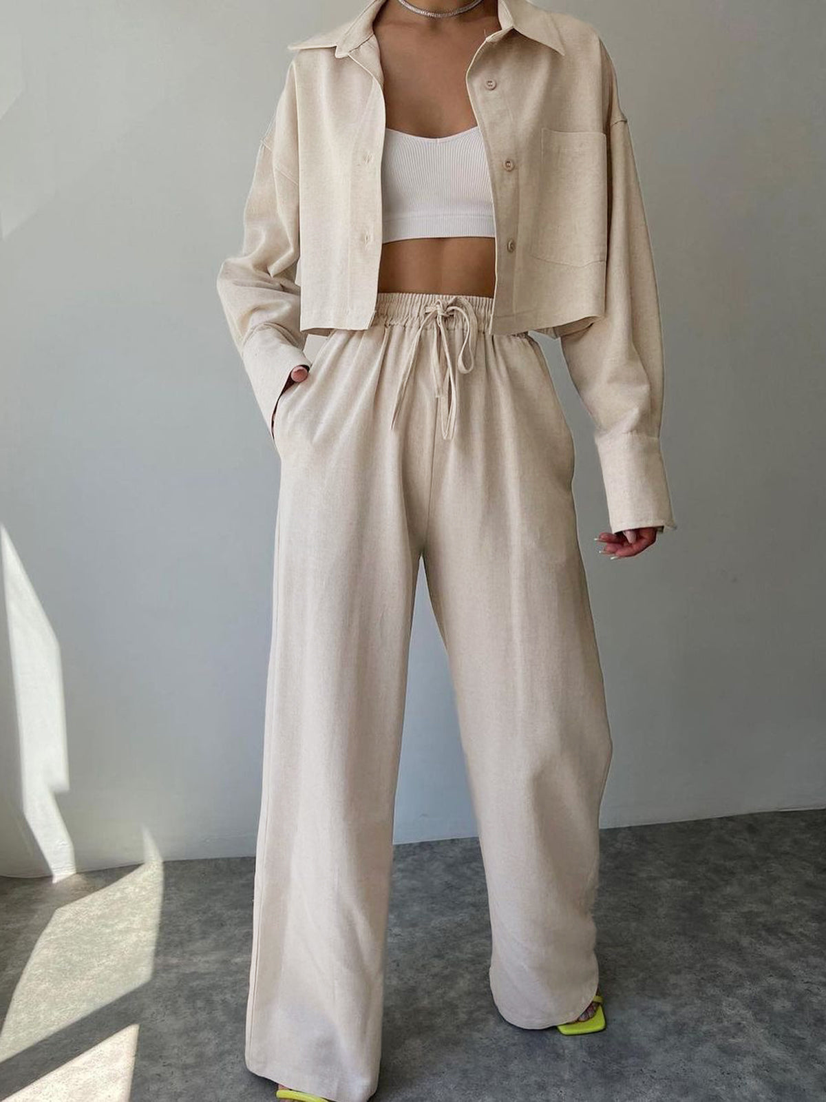Collared Drawstring Two Piece Pants Set-Massicos