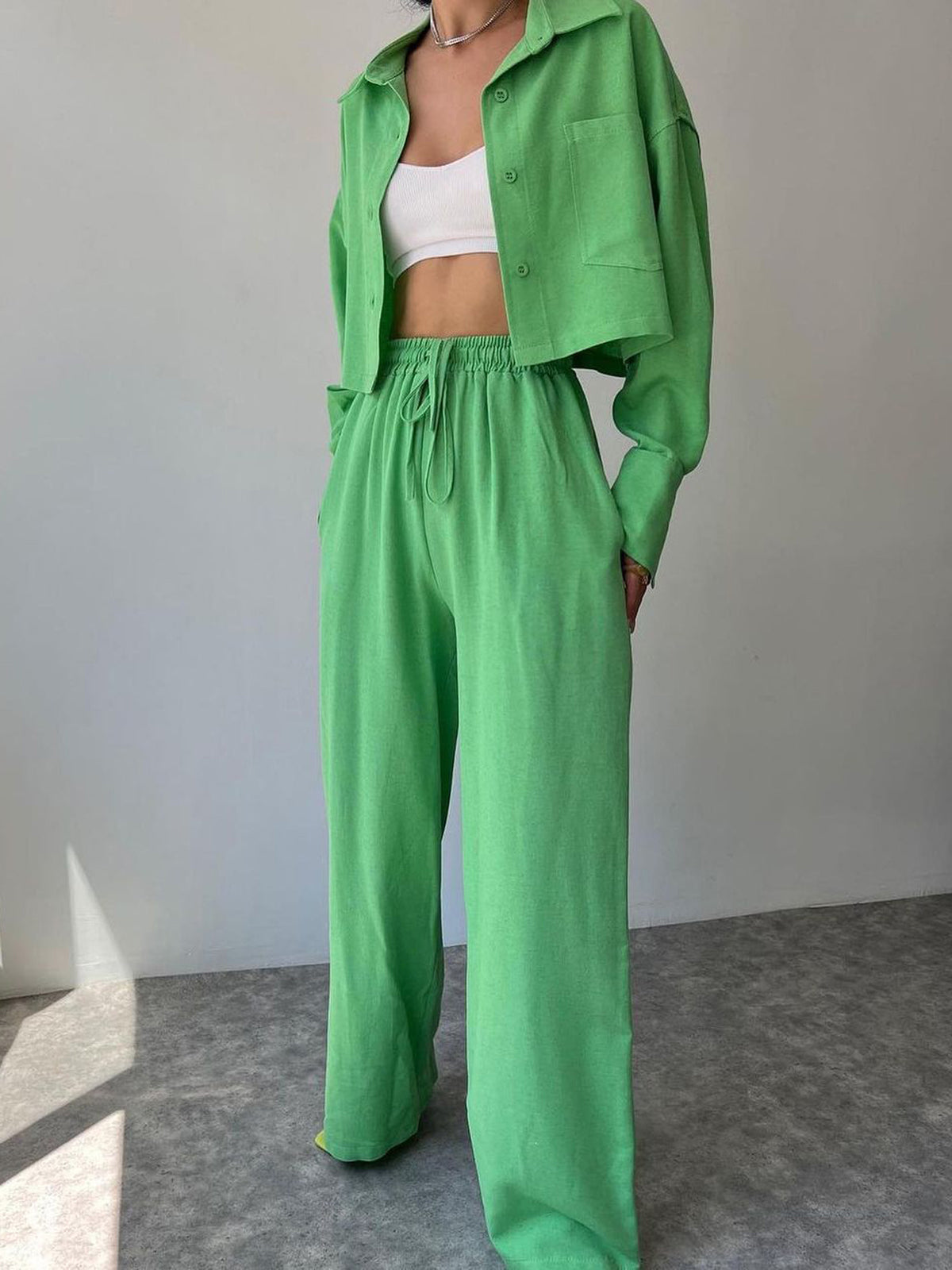 Collared Drawstring Two Piece Pants Set-Massicos