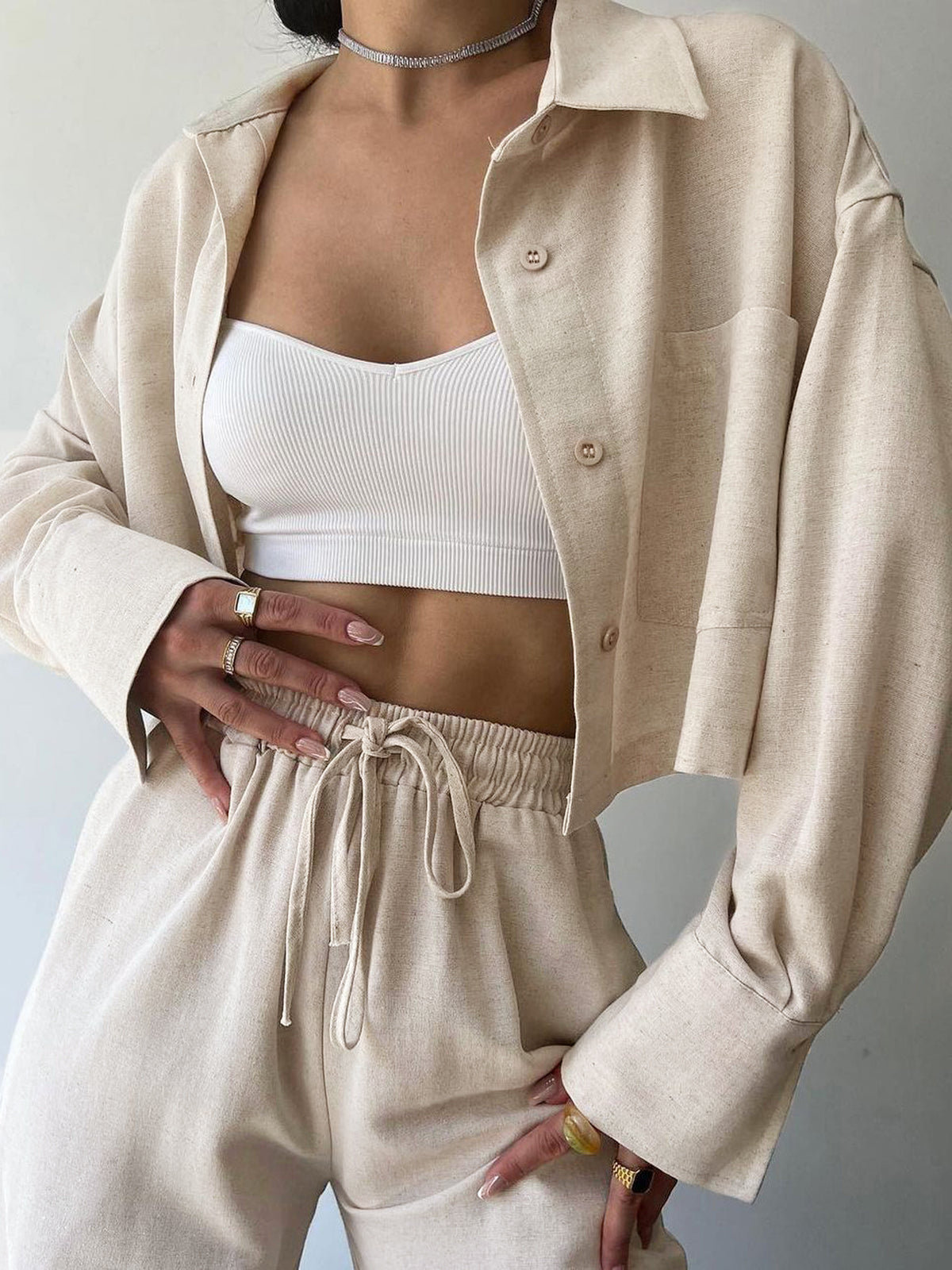 Collared Drawstring Two Piece Pants Set-Massicos