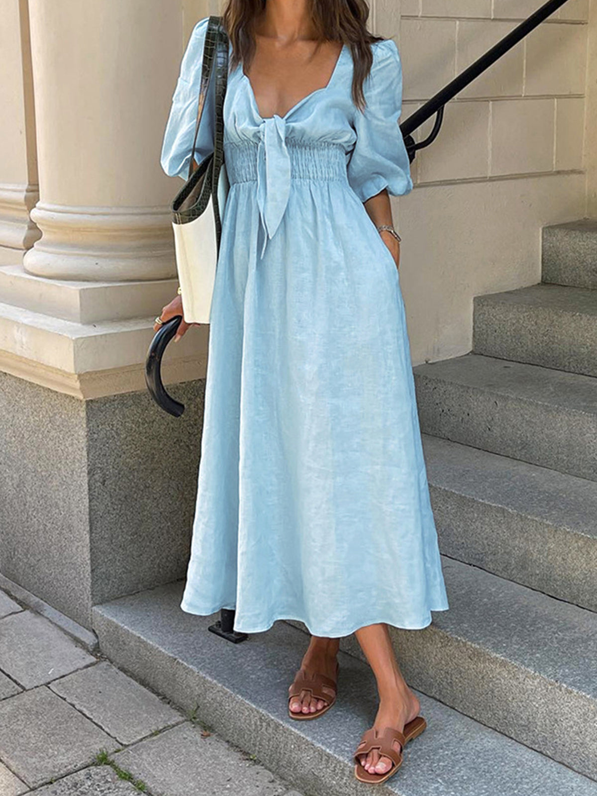 Linen Cotton Front Tie Midi Dress-Massicos