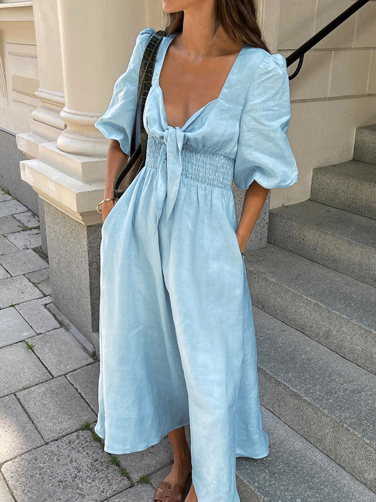 Linen Cotton Front Tie Midi Dress-Massicos