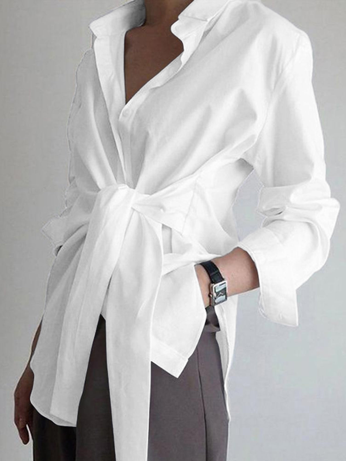 Semi-Sheer Button Down Tied Long Shirt-Massicos