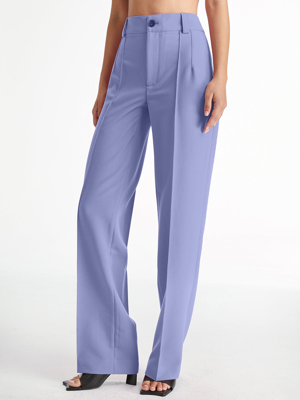 High Waisted Pleat Front Solid Colored Straight Leg Trousers-Massicos