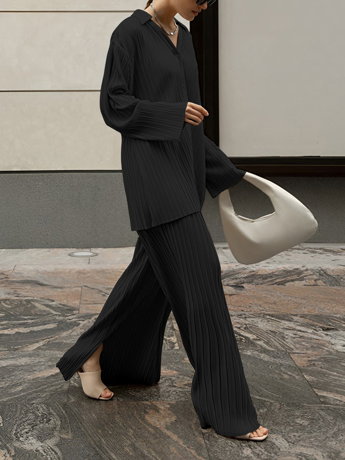 Oversized Leisure Pleat Pockets Two Piece Pants Set-Massicos