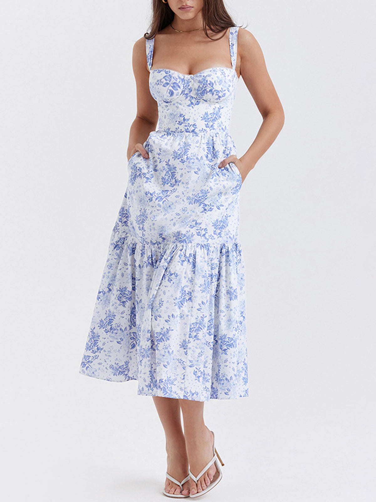 Forget Me Not Floral Pockets Zippered Long Dress-Massicos