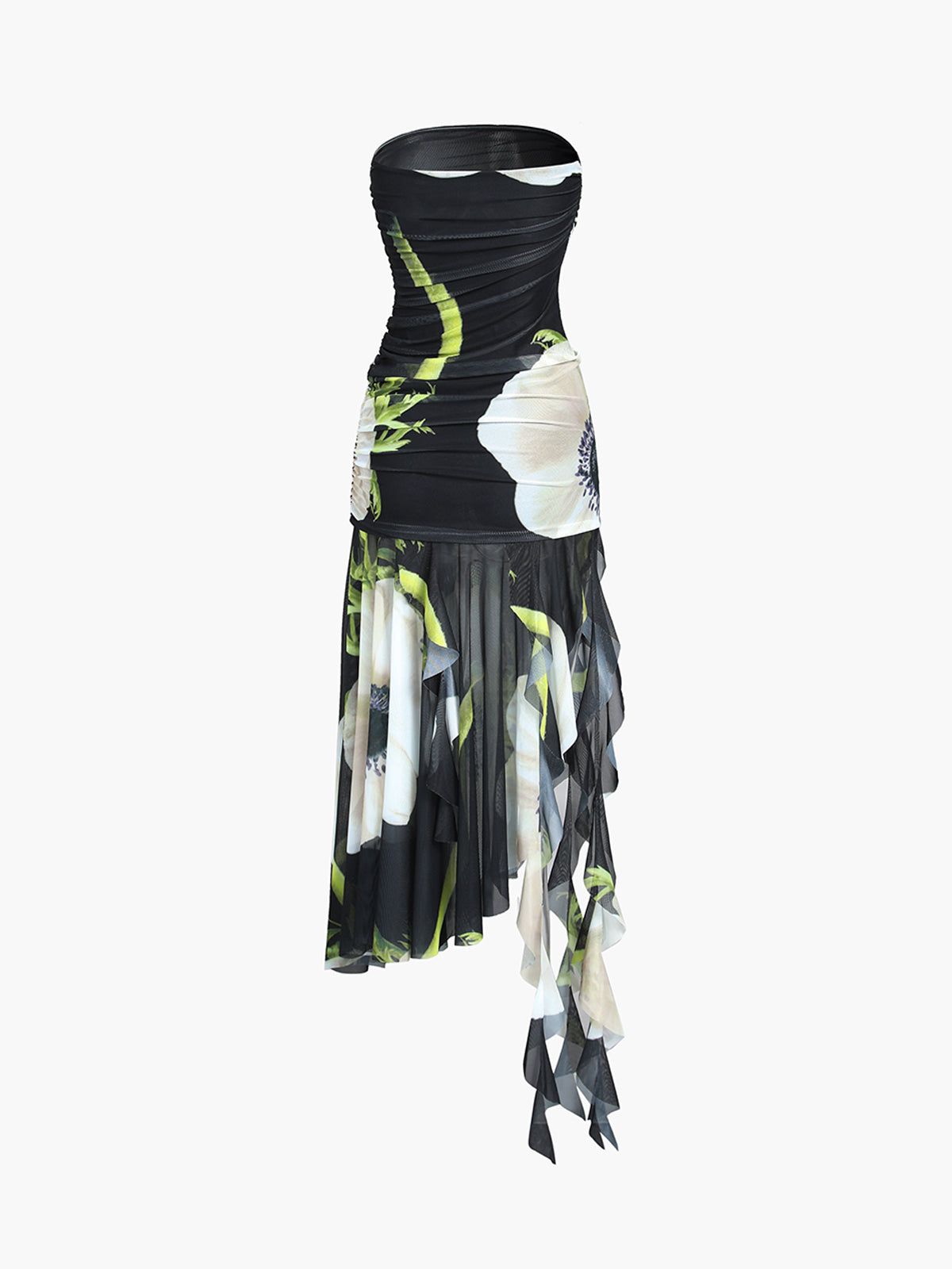 Gardenia Floral Mesh Pleat Tube Midi Dress-Massicos