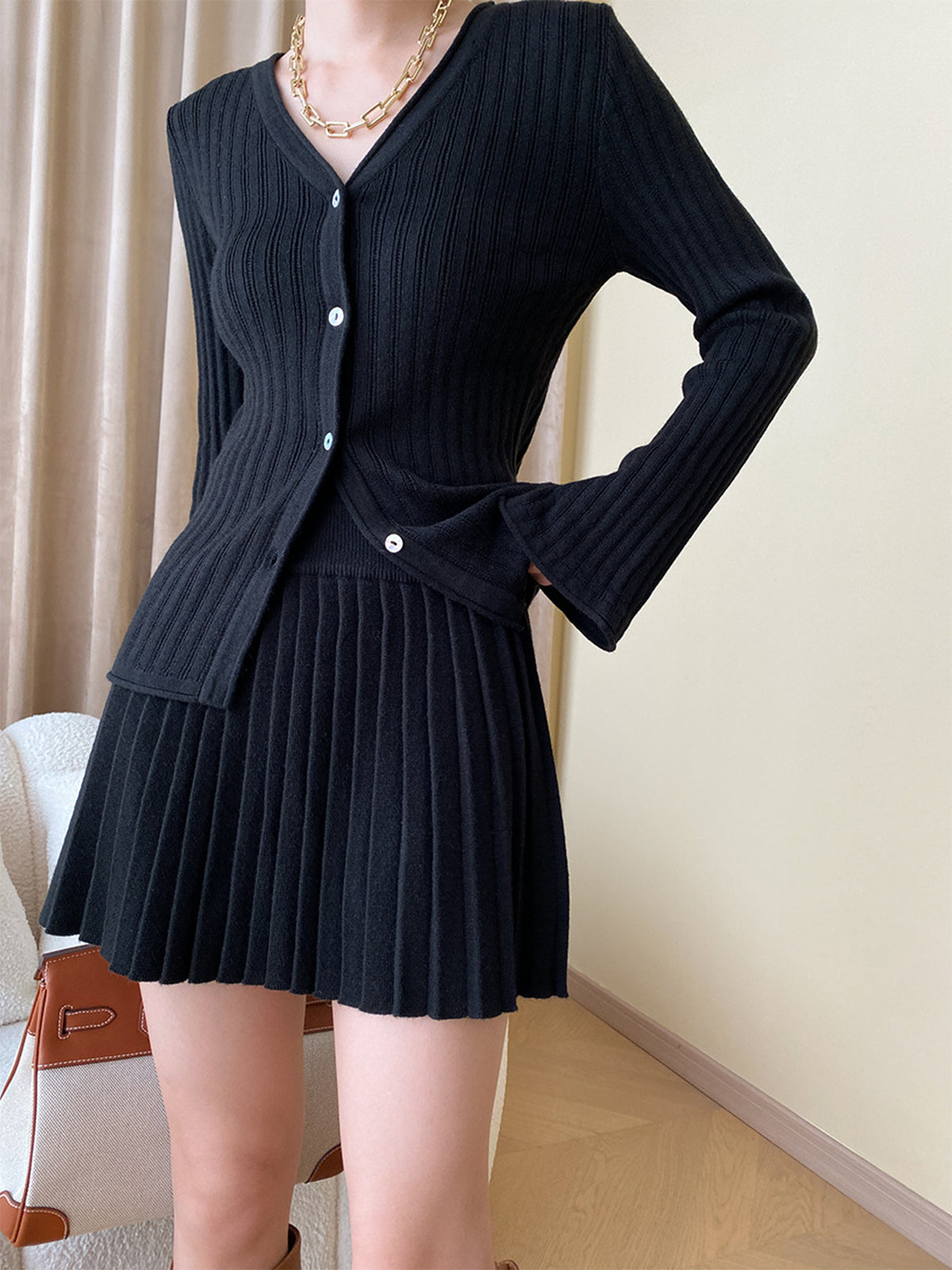 Leisure Long Sleeve Two Piece Skirt Set-Massicos