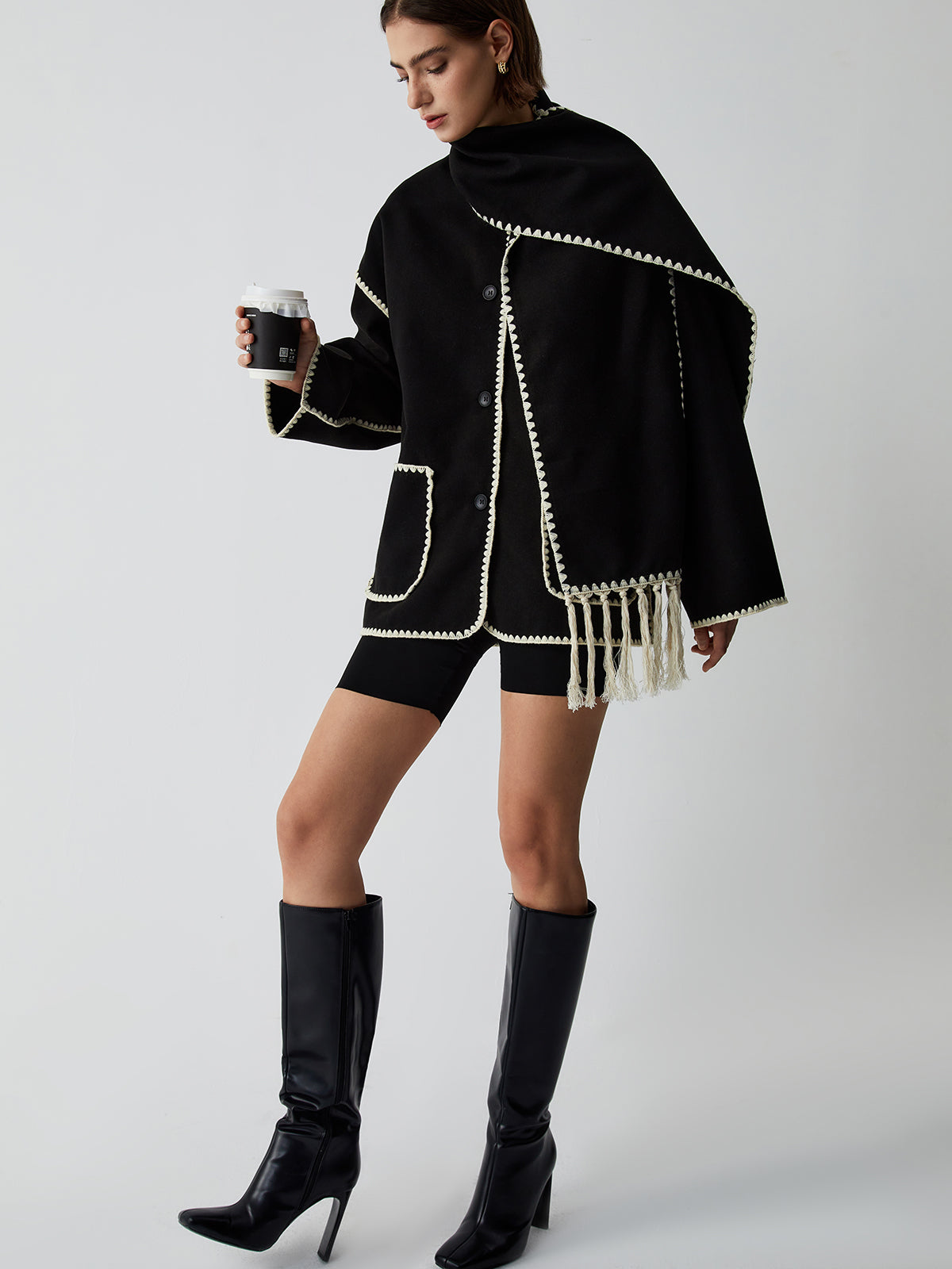 Contrast Trim Jacket With Matching Scarf-Massicos