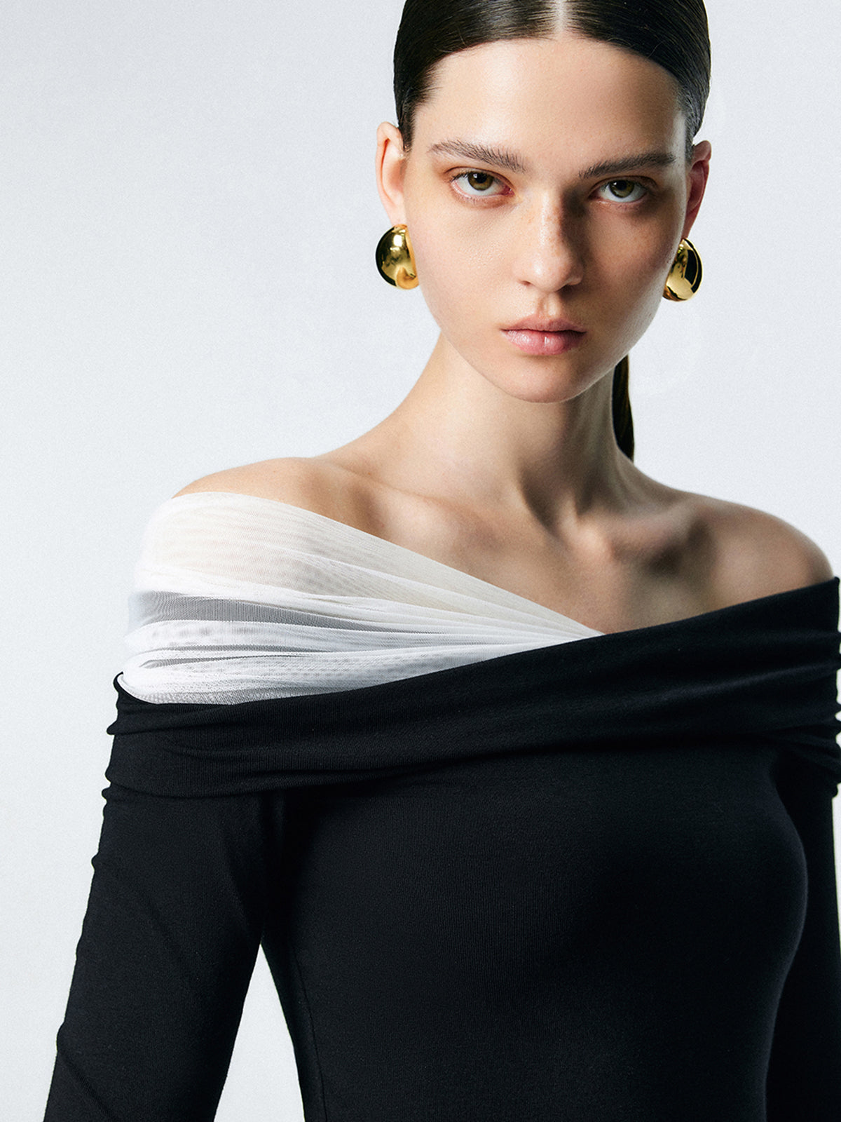 Asymmetric Off Shoulder Long Sleeve Mesh Top-Massicos
