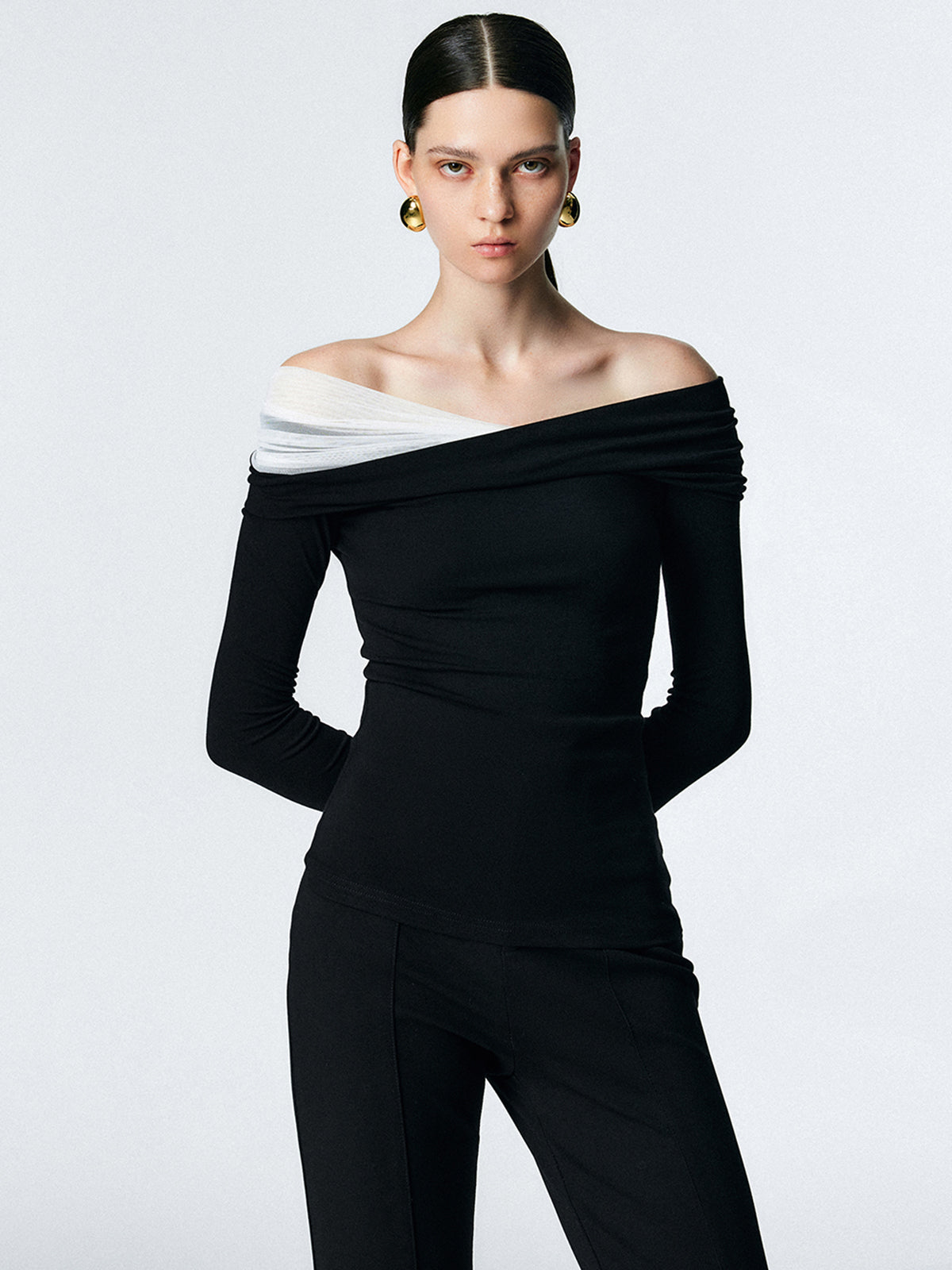 Asymmetric Off Shoulder Long Sleeve Mesh Top-Massicos