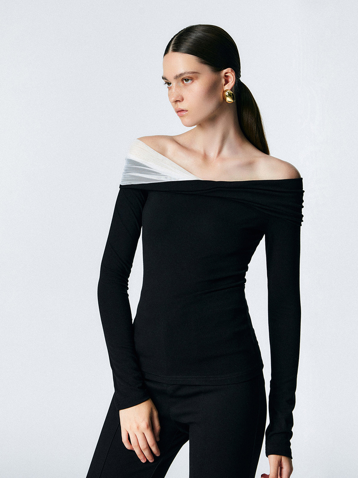 Asymmetric Off Shoulder Long Sleeve Mesh Top-Massicos