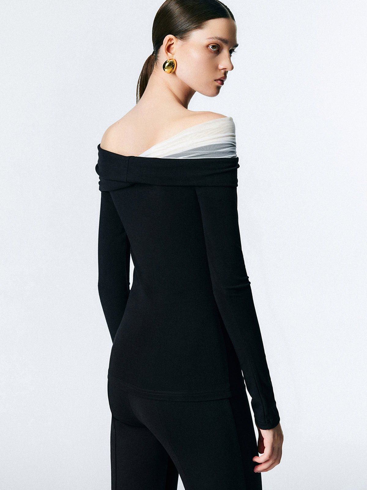 Asymmetric Off Shoulder Long Sleeve Mesh Top-Massicos