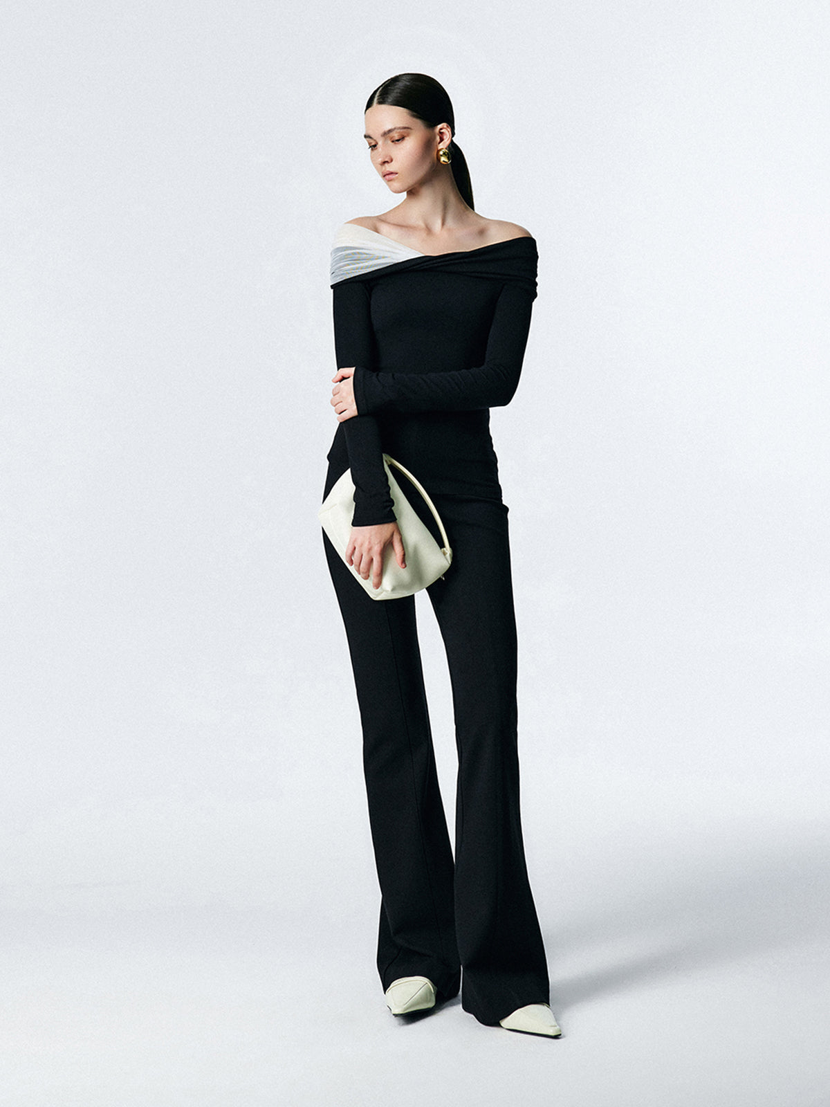 Asymmetric Off Shoulder Long Sleeve Mesh Top-Massicos