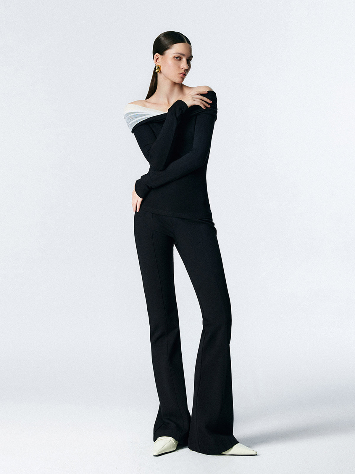 Asymmetric Off Shoulder Long Sleeve Mesh Top-Massicos