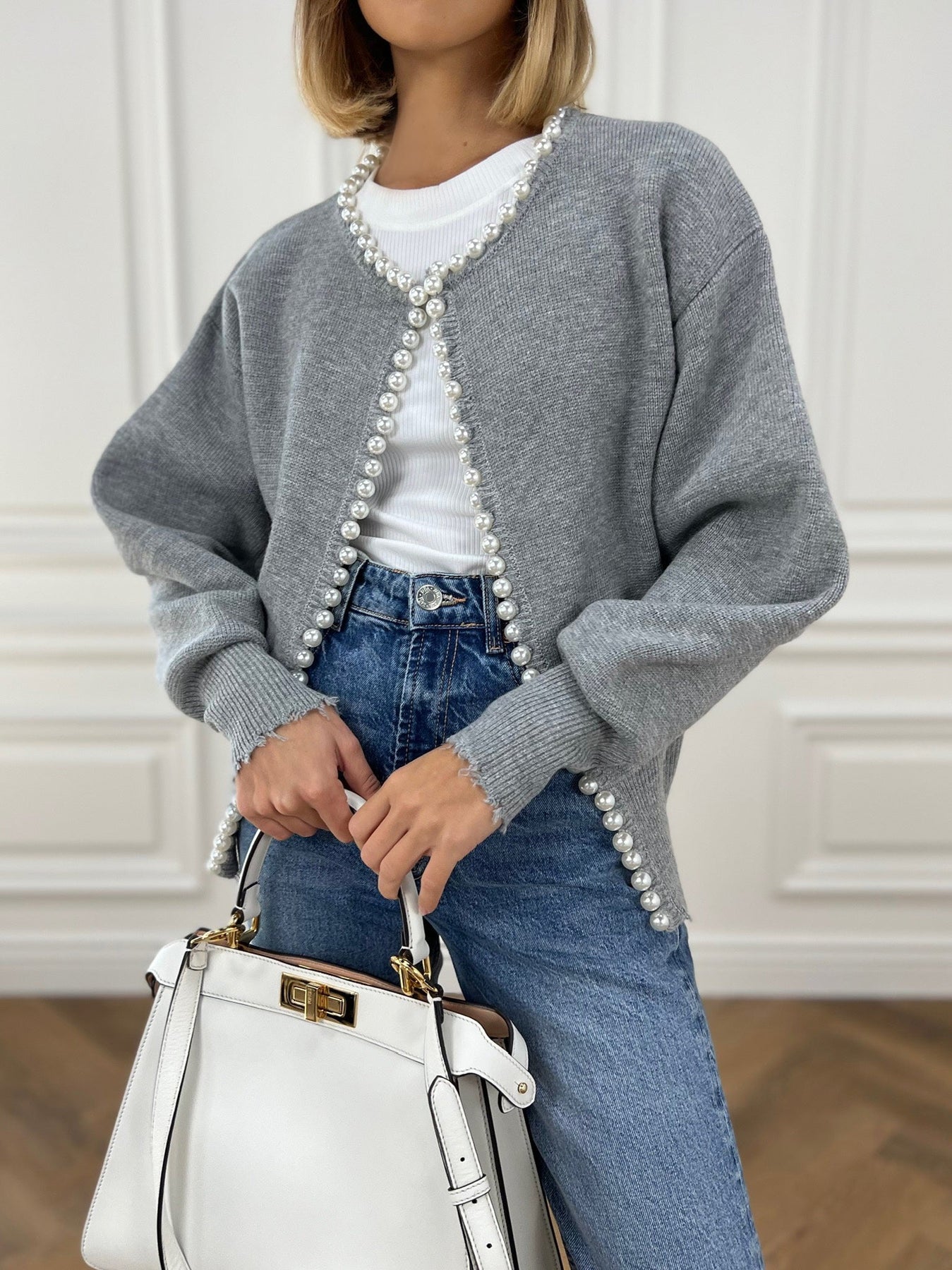 Pearl Trim Ripped Hem Cardigan-Massicos