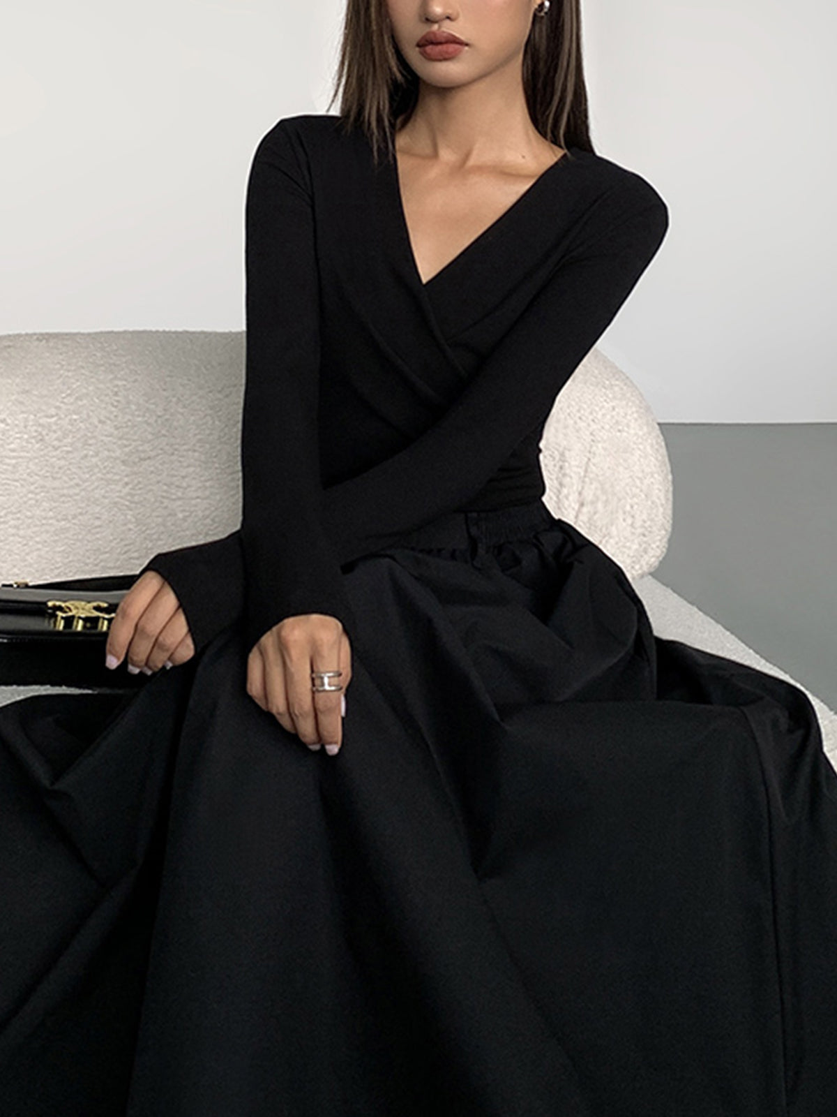 V-Neck Double Pockets Long Sleeve Long Dress-Massicos