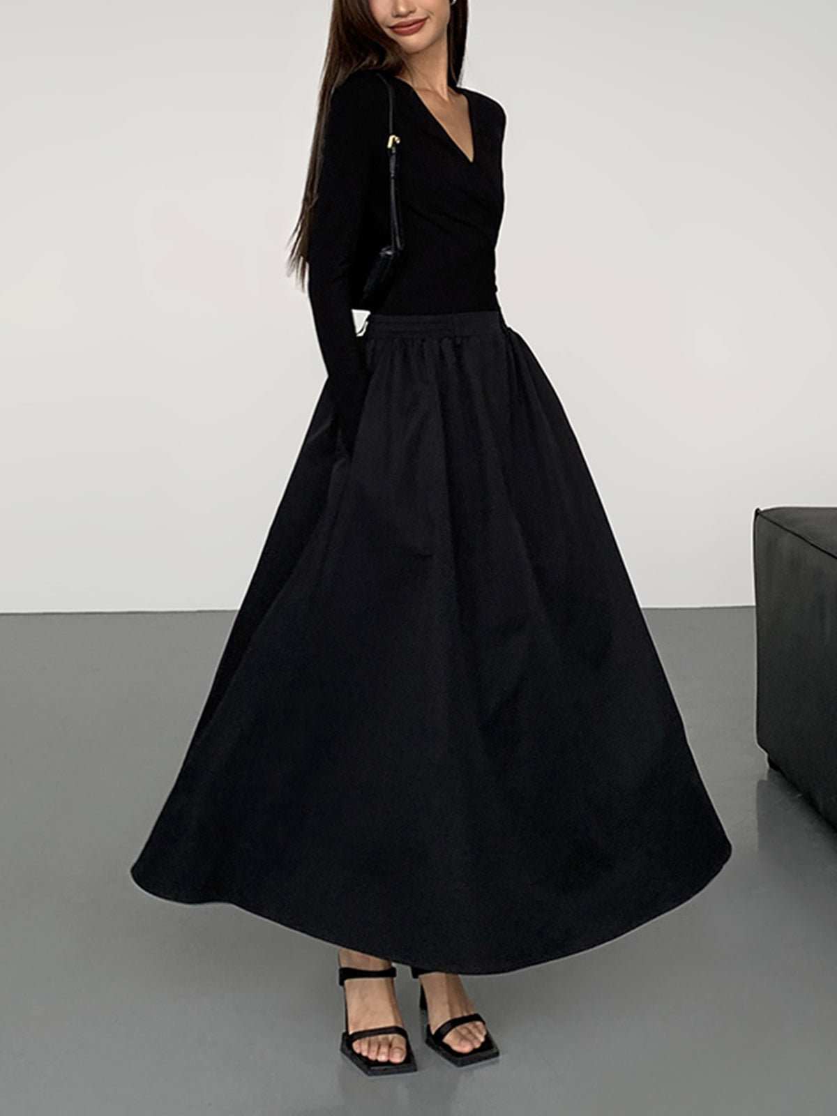 V-Neck Double Pockets Long Sleeve Long Dress-Massicos
