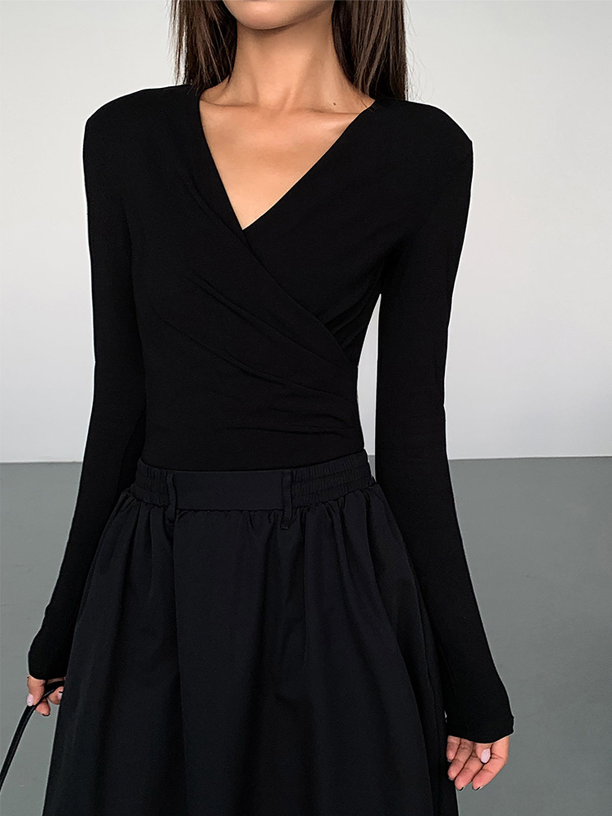 V-Neck Double Pockets Long Sleeve Long Dress-Massicos