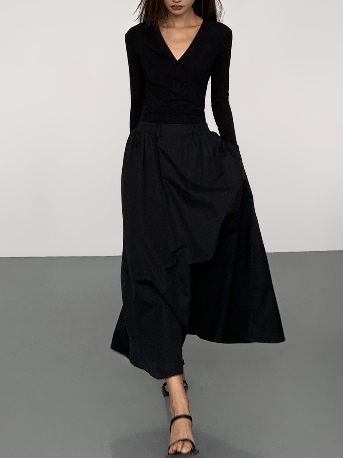 V-Neck Double Pockets Long Sleeve Long Dress-Massicos