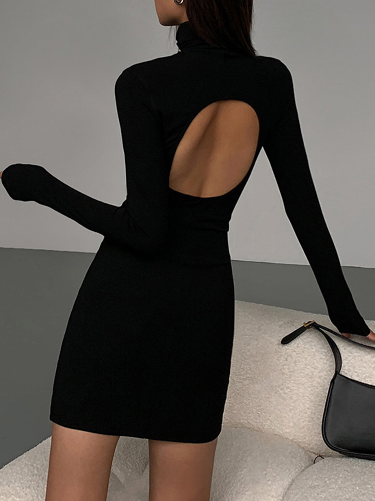 Turtleneck Open Back Long Sleeve Short Dress-Massicos