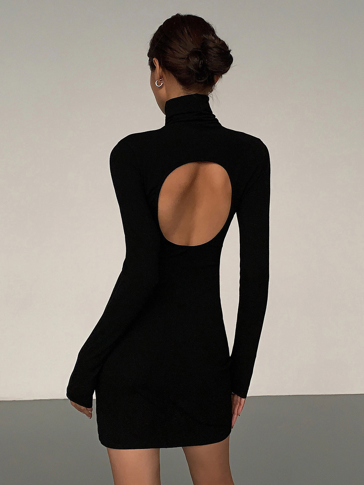 Turtleneck Open Back Long Sleeve Short Dress-Massicos