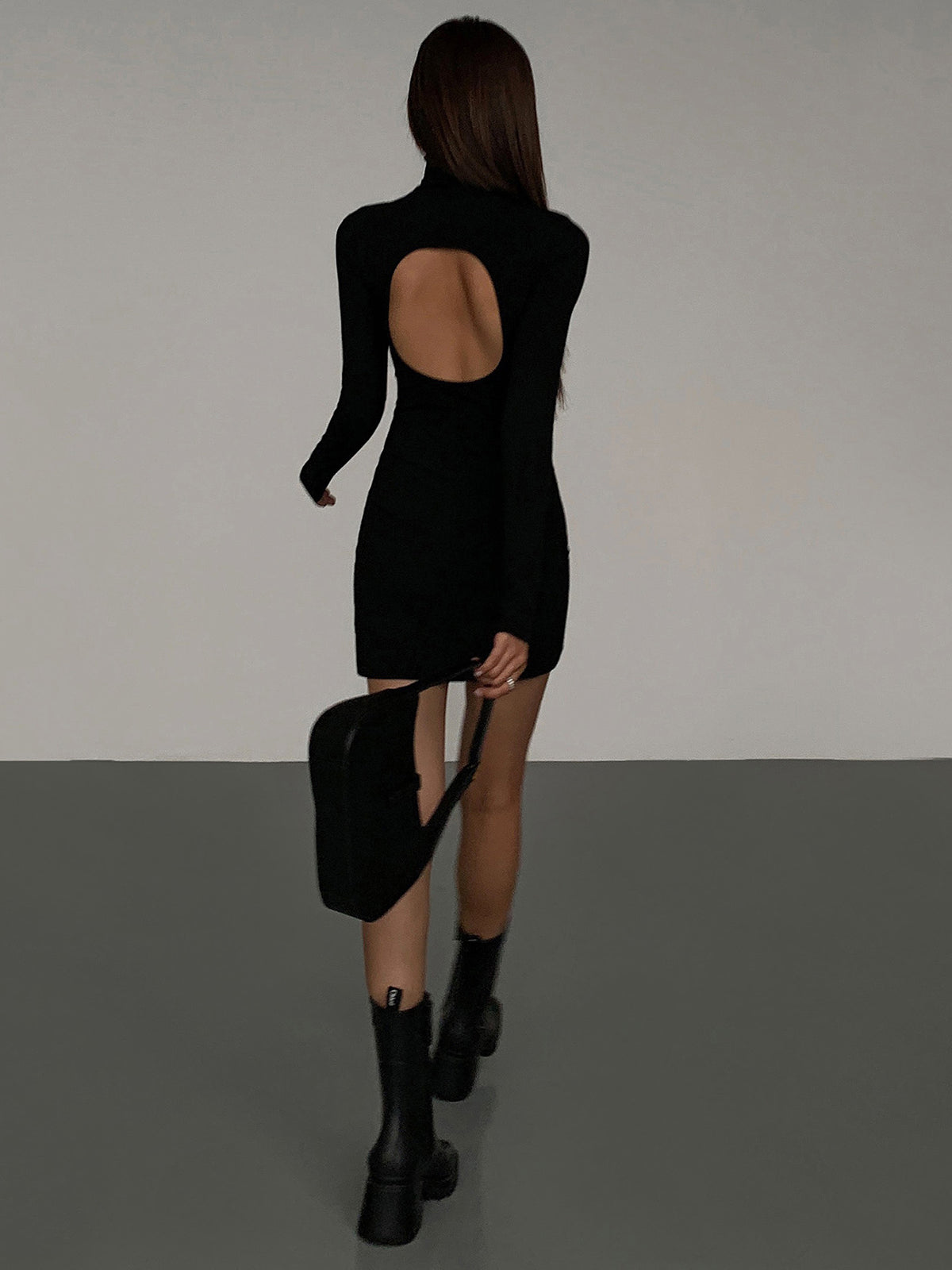 Turtleneck Open Back Long Sleeve Short Dress-Massicos