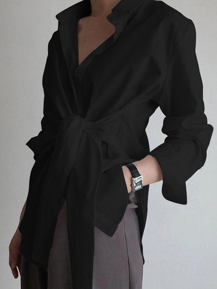 Semi-Sheer Button Down Tied Long Shirt-Massicos