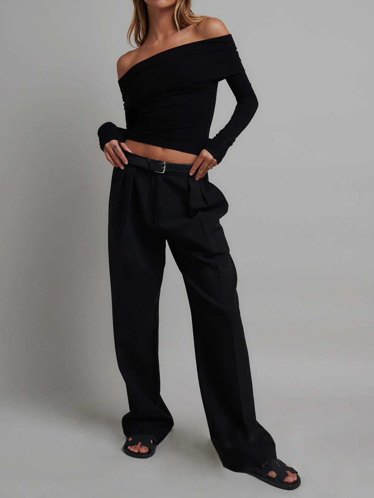 Off Shoulder Overfold Long Sleeve Crop Shirt-Massicos