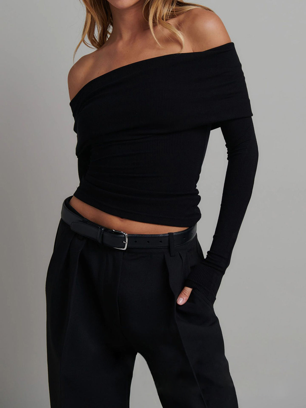 Off Shoulder Overfold Long Sleeve Crop Shirt-Massicos