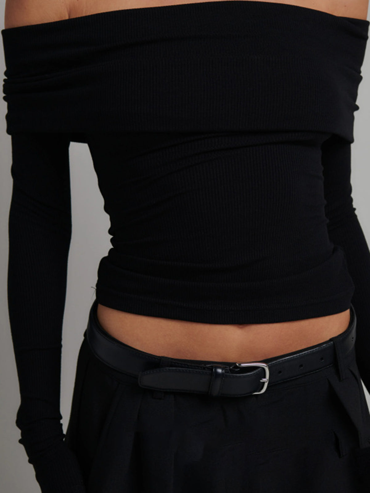 Off Shoulder Overfold Long Sleeve Crop Shirt-Massicos