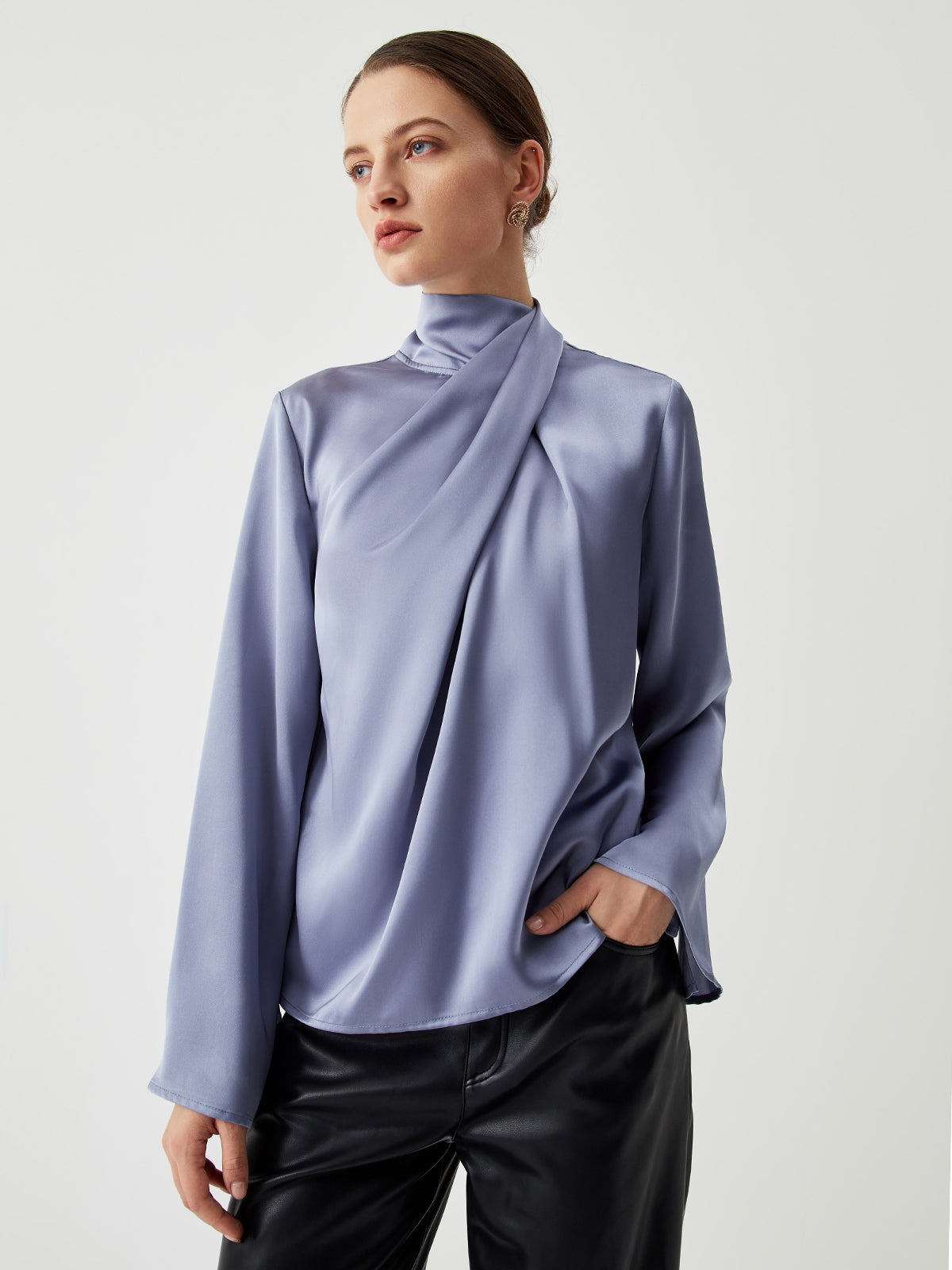 Asymmetric Pleated Turtleneck Satin Blouse-Massicos