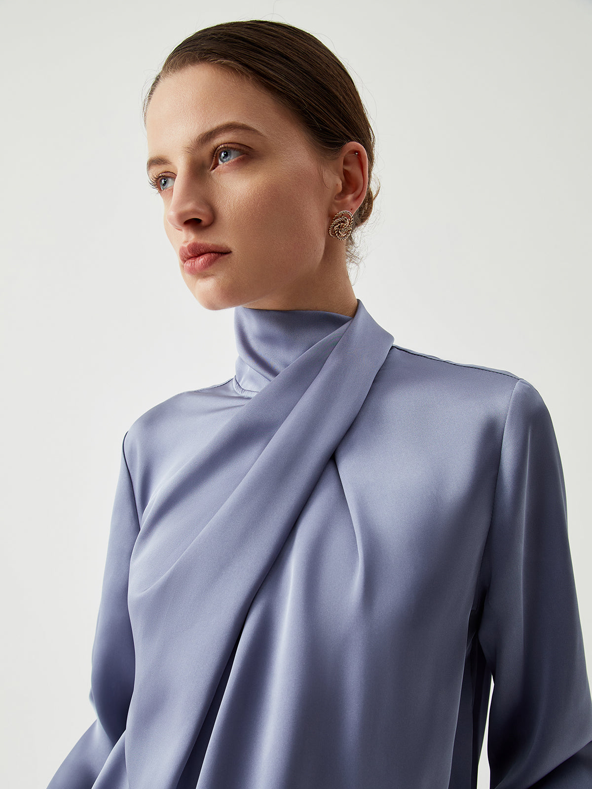 Asymmetric Pleated Turtleneck Satin Blouse-Massicos