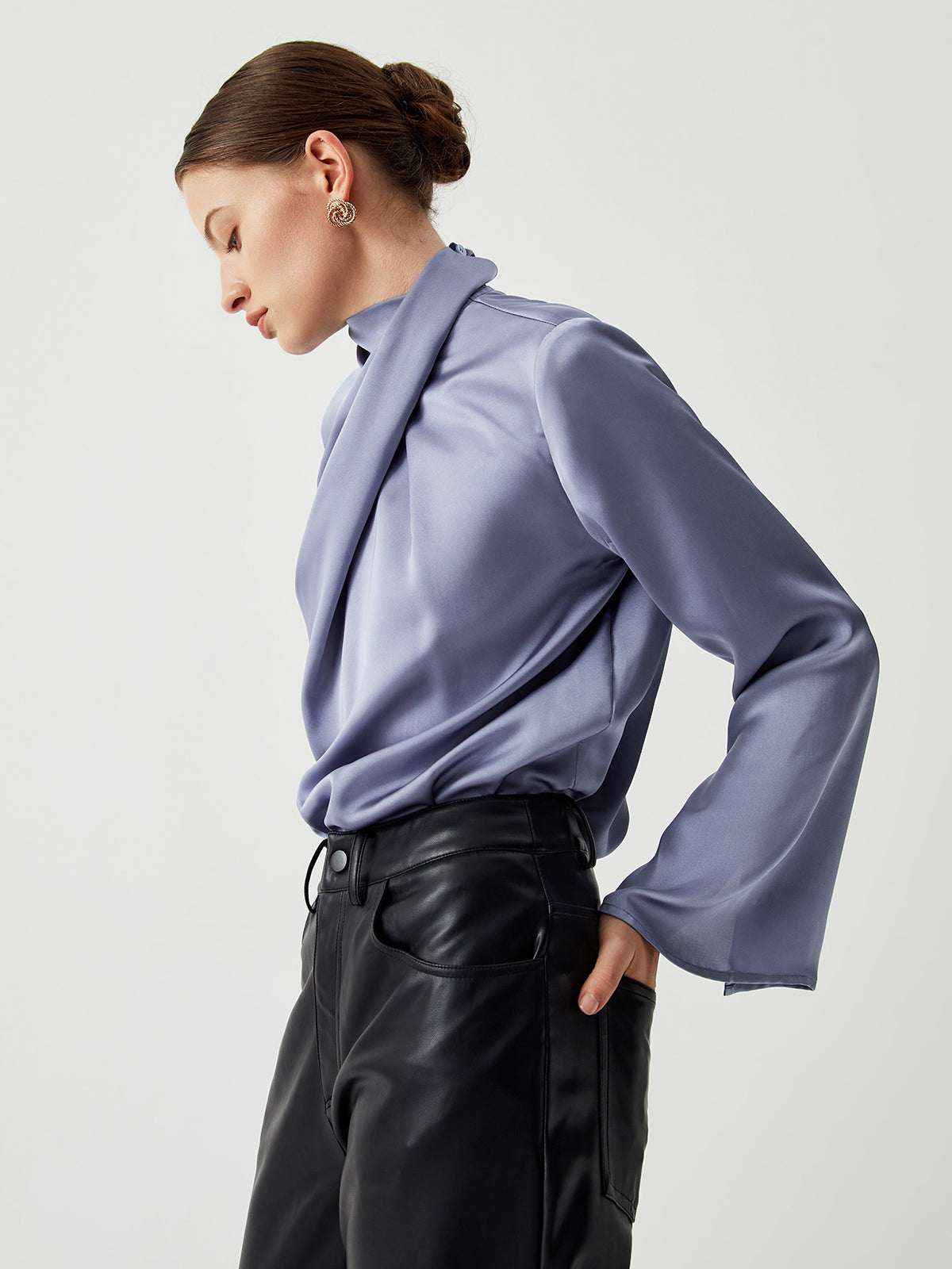 Asymmetric Pleated Turtleneck Satin Blouse-Massicos