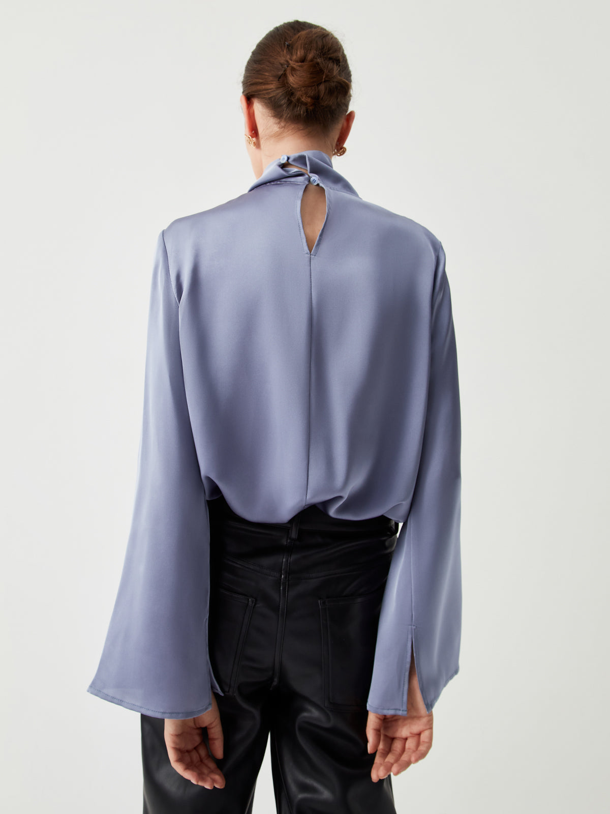 Asymmetric Pleated Turtleneck Satin Blouse-Massicos