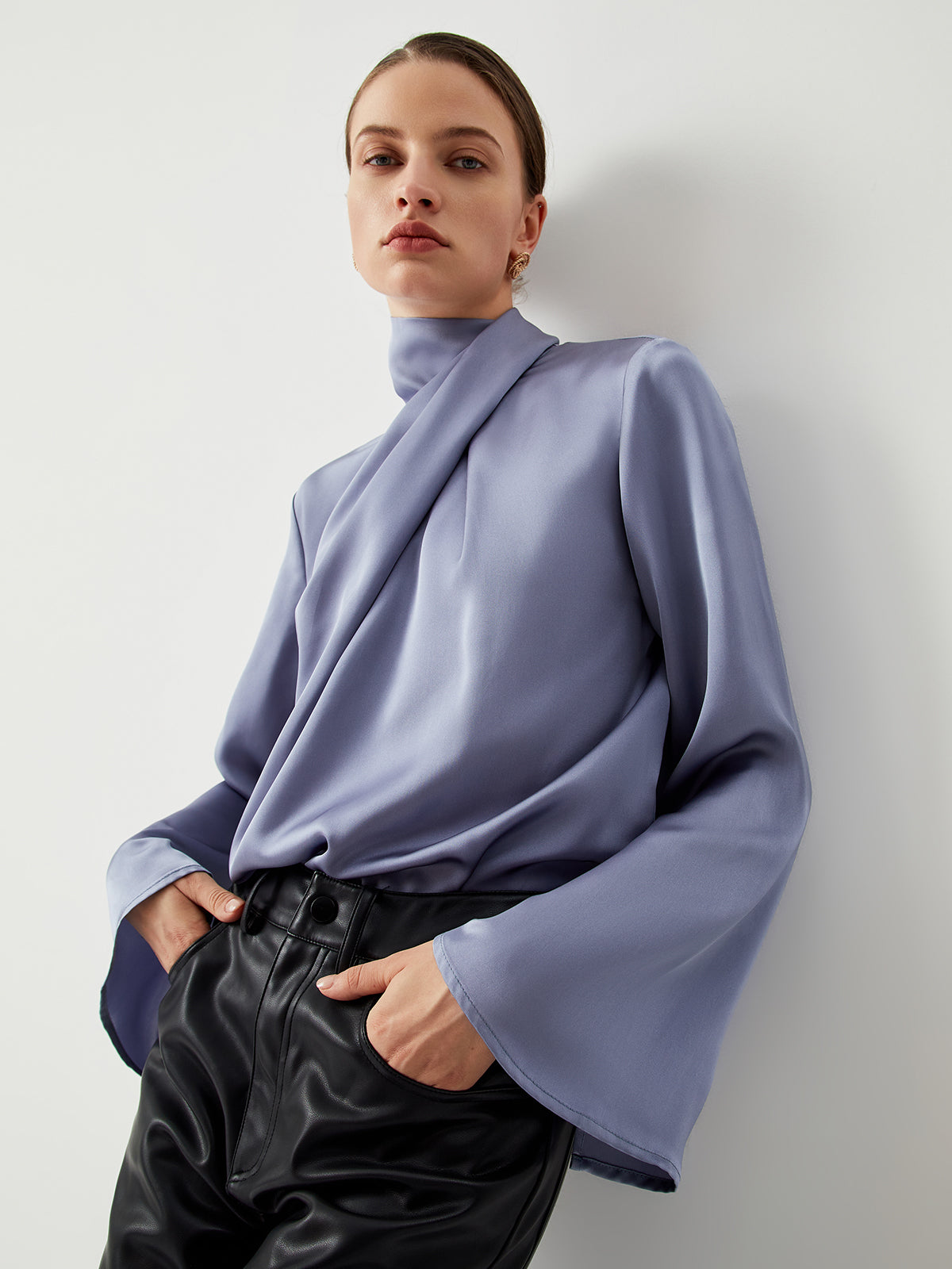 Asymmetric Pleated Turtleneck Satin Blouse-Massicos