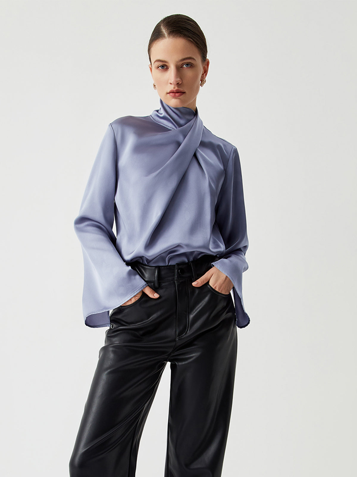 Asymmetric Pleated Turtleneck Satin Blouse-Massicos