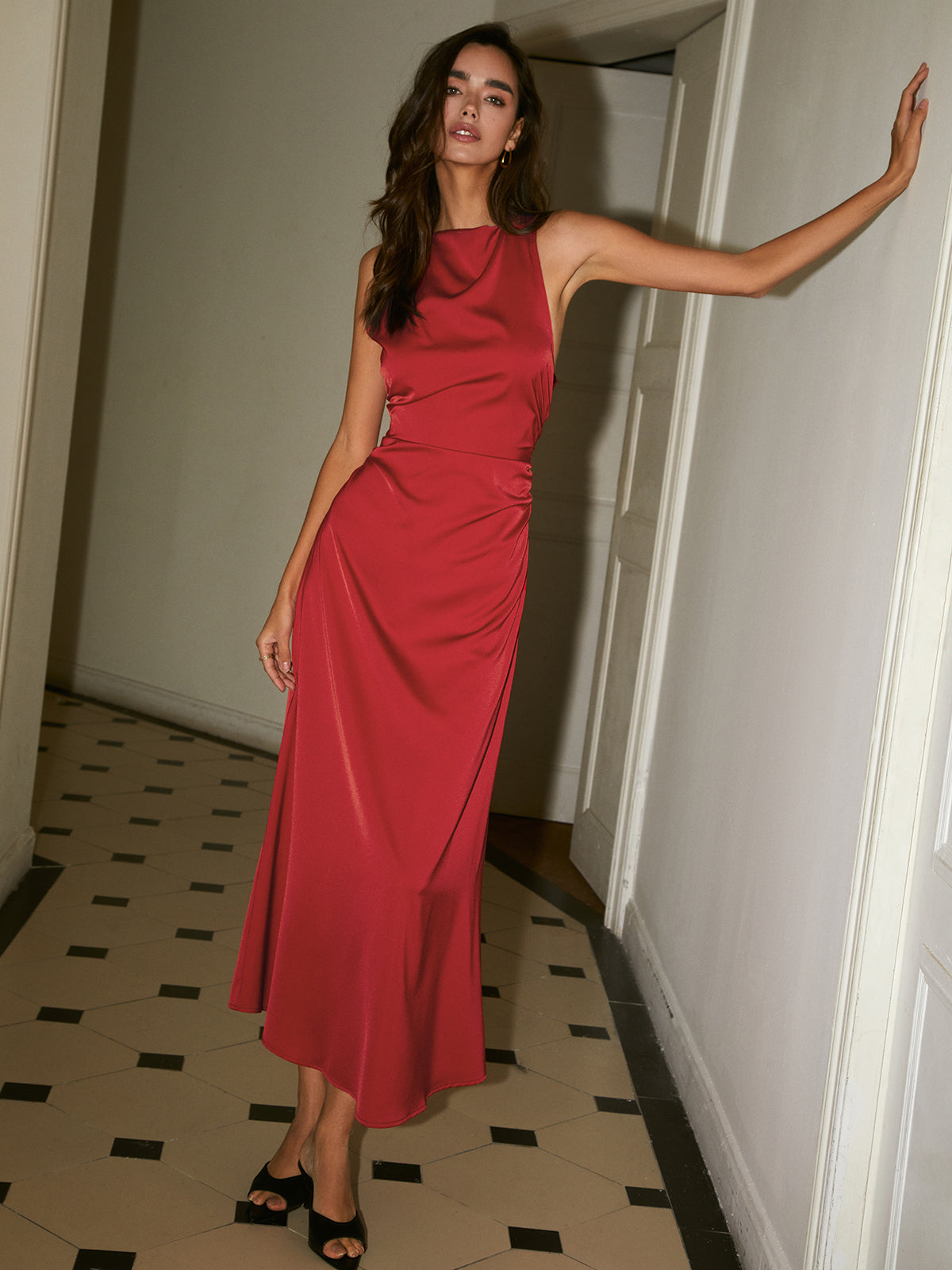 Cowl Neck Satin Back Cross Long Dress-Massicos